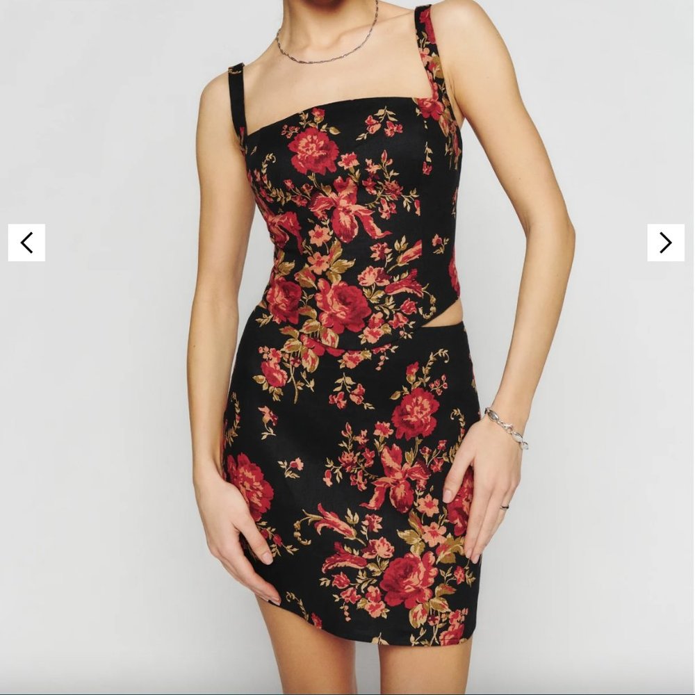 Reformation Linen Two-Piece Black Red Floral Size 12 NWT